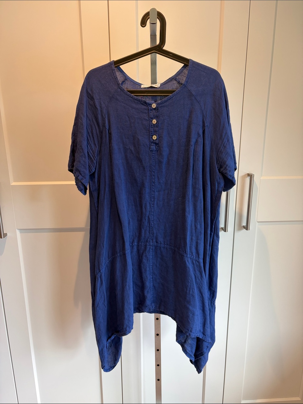 Relaxed Short-Sleeve 100% Linen Tunic Dress in Indigo Blue